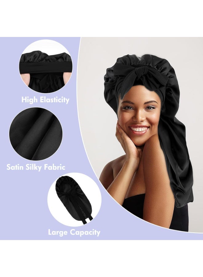 CLENEA Satin Silk Bonnet Large Night Wrap Sleep Shower Cap with Adjustable Tie Band Extra Hair Bonnet Silky Sleep Cap for Black Women Men Long Curly Natural Hair Braids Head Scarf - Image 3